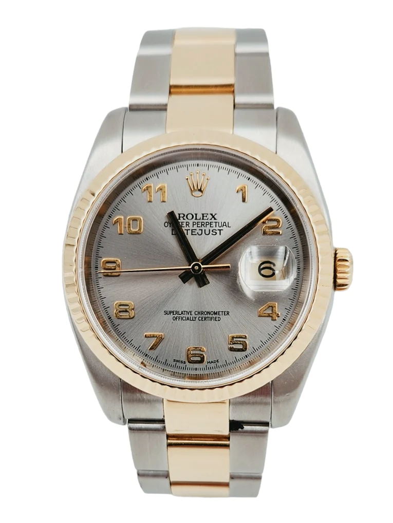 Men's Rolex DateJust 36mm Oyster Perpetual Two Tone 18K Yellow Gold / Stainless Steel Band Watch with Silver Dial and Fluted Bezel. (Pre-Owned 116233)