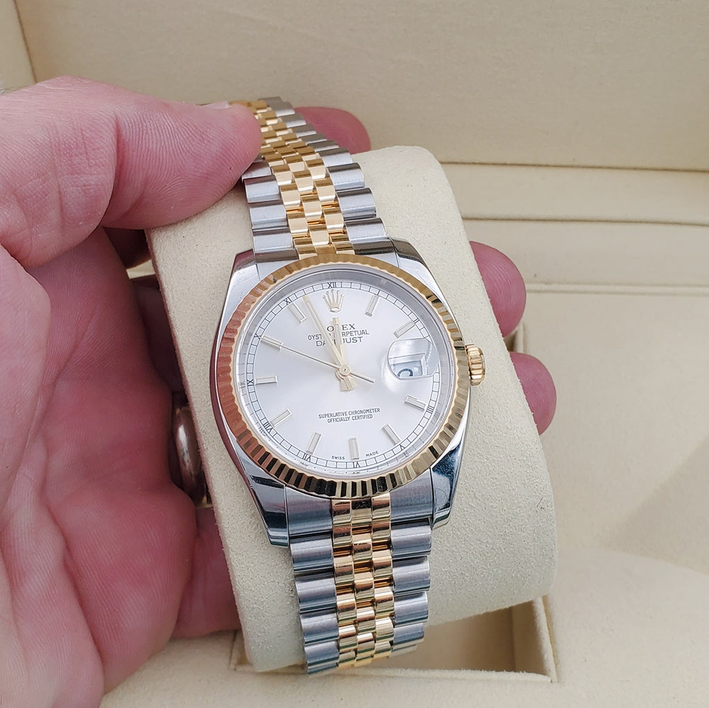 Men's Rolex DateJust 36mm Oyster Perpetual Two Tone 18k Gold / Stainless Steel Band Watch with Silver Dial and Fluted Bezel. (NEW 116233)