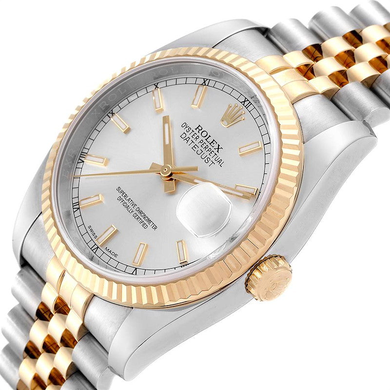 Men's Rolex DateJust 36mm Oyster Perpetual Two Tone 18k Gold / Stainless Steel Band Watch with Silver Dial and Fluted Bezel. (NEW 116233)