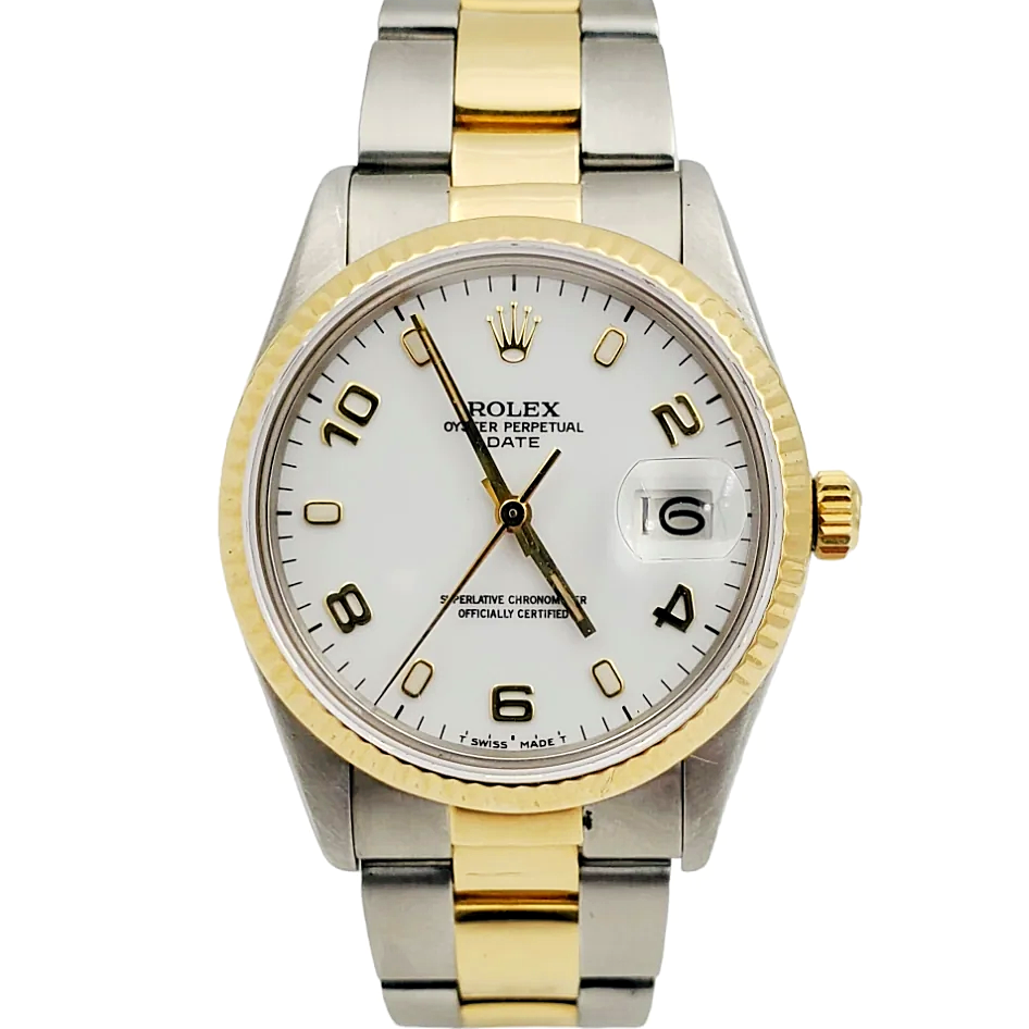 Men's Rolex Date 34mm Two Tone Oyster Perpetual 18K Yellow Gold / Stainless Steel Watch with White Dial and Fluted Bezel. (Pre-Owned 15003)