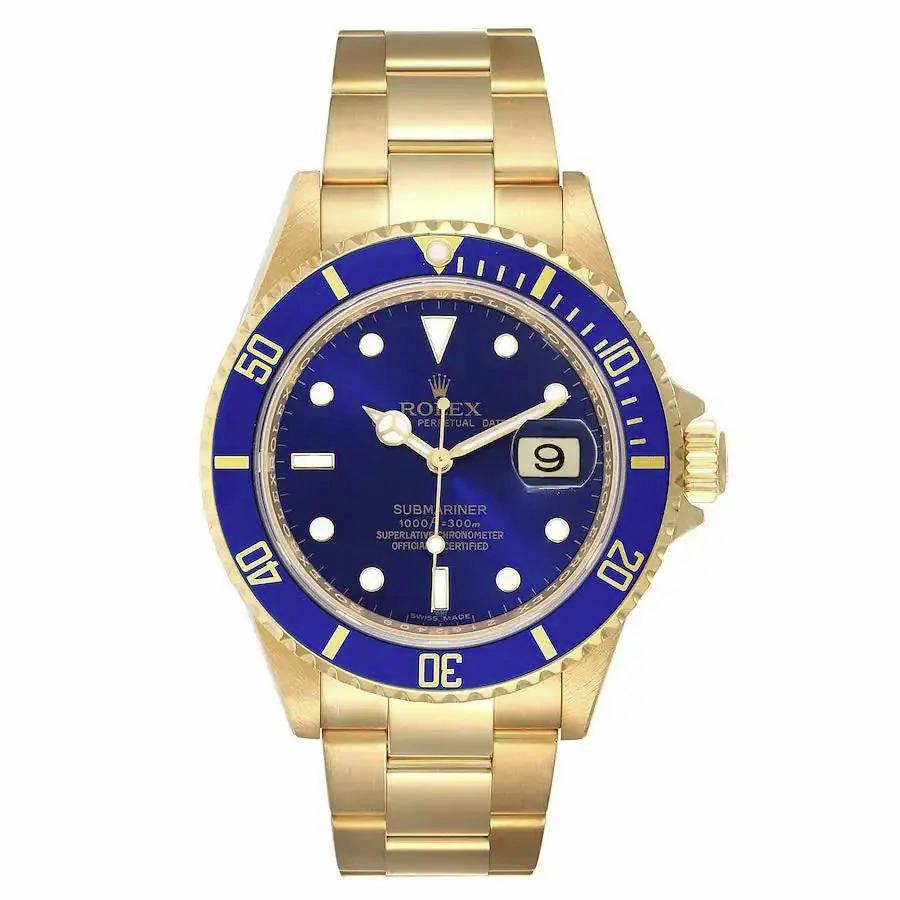 Men's Rolex Submariner 41mm Oyster Perpetual Date 18K Solid Yellow Gold Watch with Blue Dial and Blue Bezel. (NEW 116618)