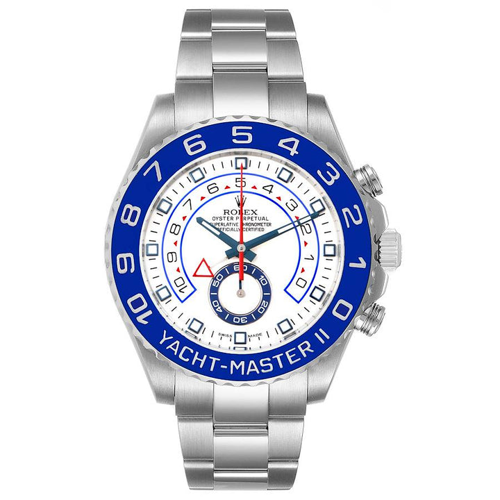 Men's Rolex Yacht Master II Oyster 44mm Perpetual Stainless Steel Watch with White Dial and Signature Bezel. (Pre-Owned Ref. 116680)