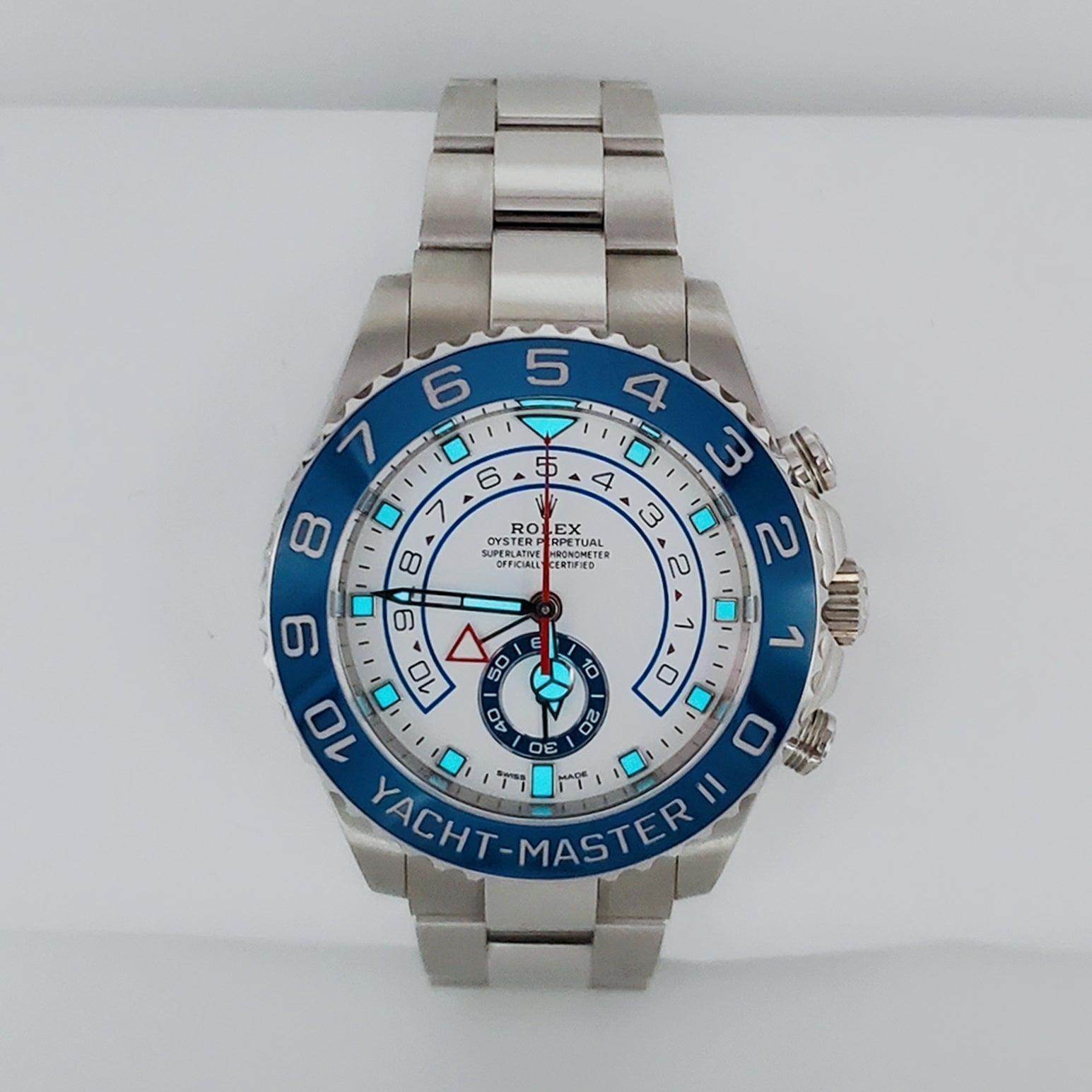 Men's Rolex 44mm Yacht Master II Oyster Perpetual Stainless Steel Band Watch with White Dial and Signature Bezel. (NEW 116680)