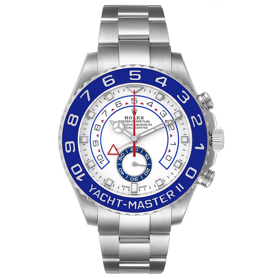 Men's Rolex Yacht Master II Oyster Perpetual 44mm Stainless Steel Band Watch with White Dial and Signature Bezel. (NEW 116680)
