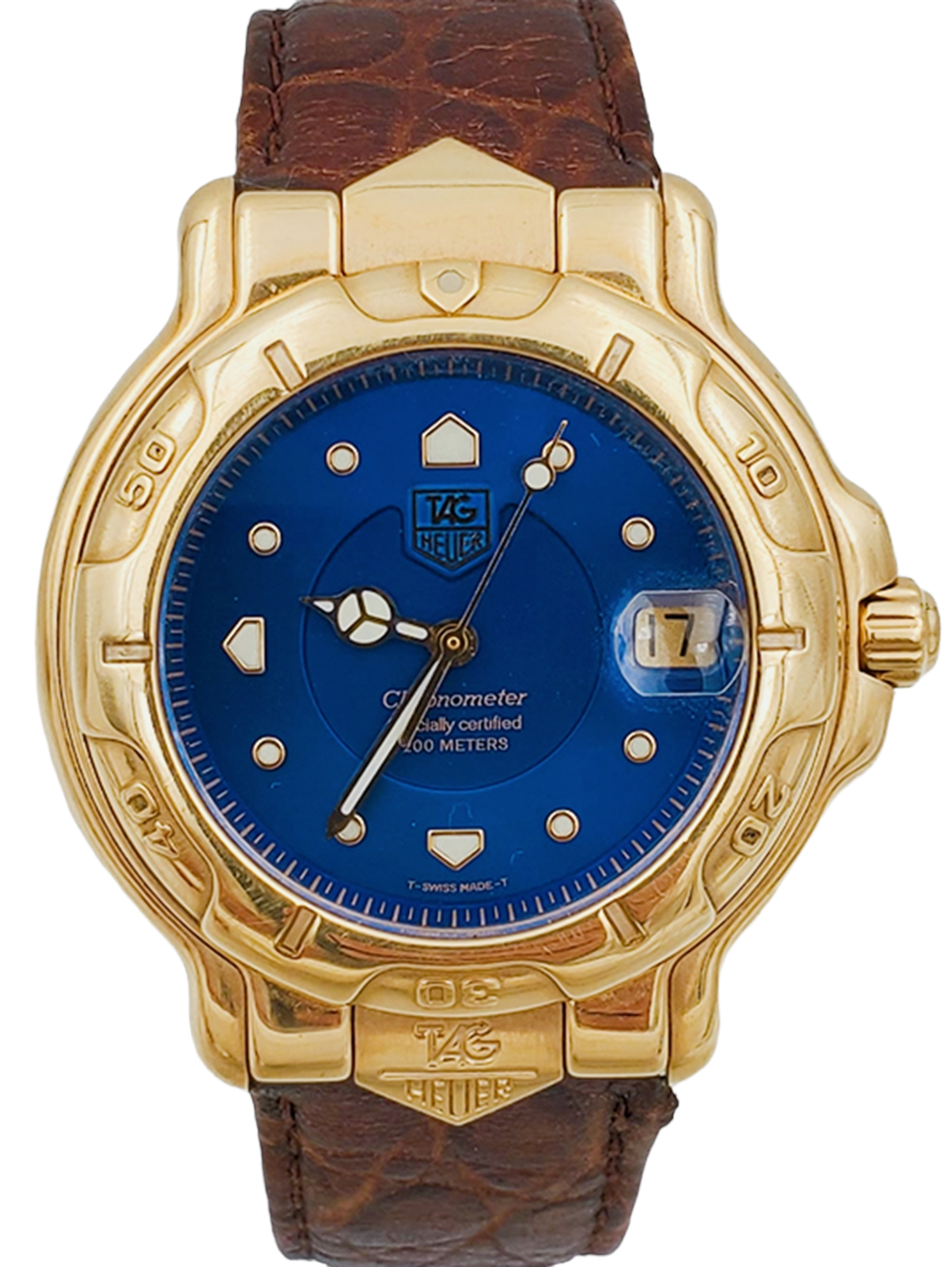Men's TAG Heuer 38mm Solid 18K Yellow Gold Watch with Blue Dial and Smooth Bezel. (Pre-Owned WH234)