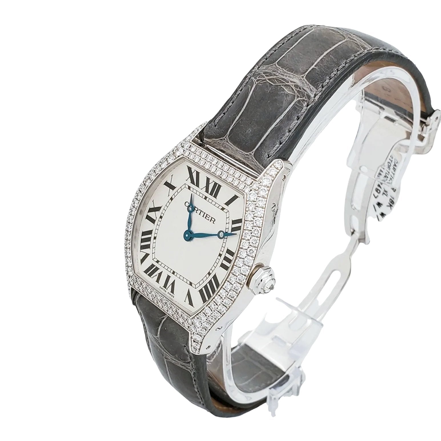 Ladies Cartier Tortue 18K White Gold Watch with Green Leather Band, White Dial and Diamond Bezel. (Pre-Owned)