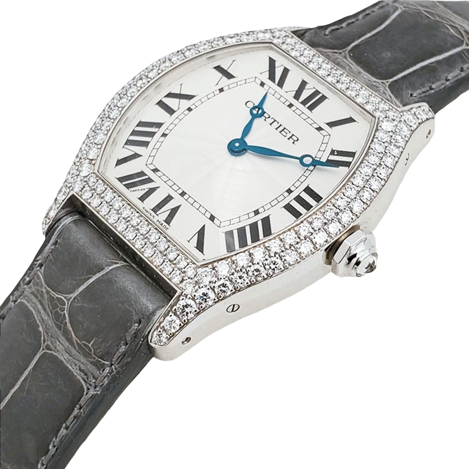 Ladies Cartier Tortue 18K White Gold Watch with Green Leather Band, White Dial and Diamond Bezel. (Pre-Owned)