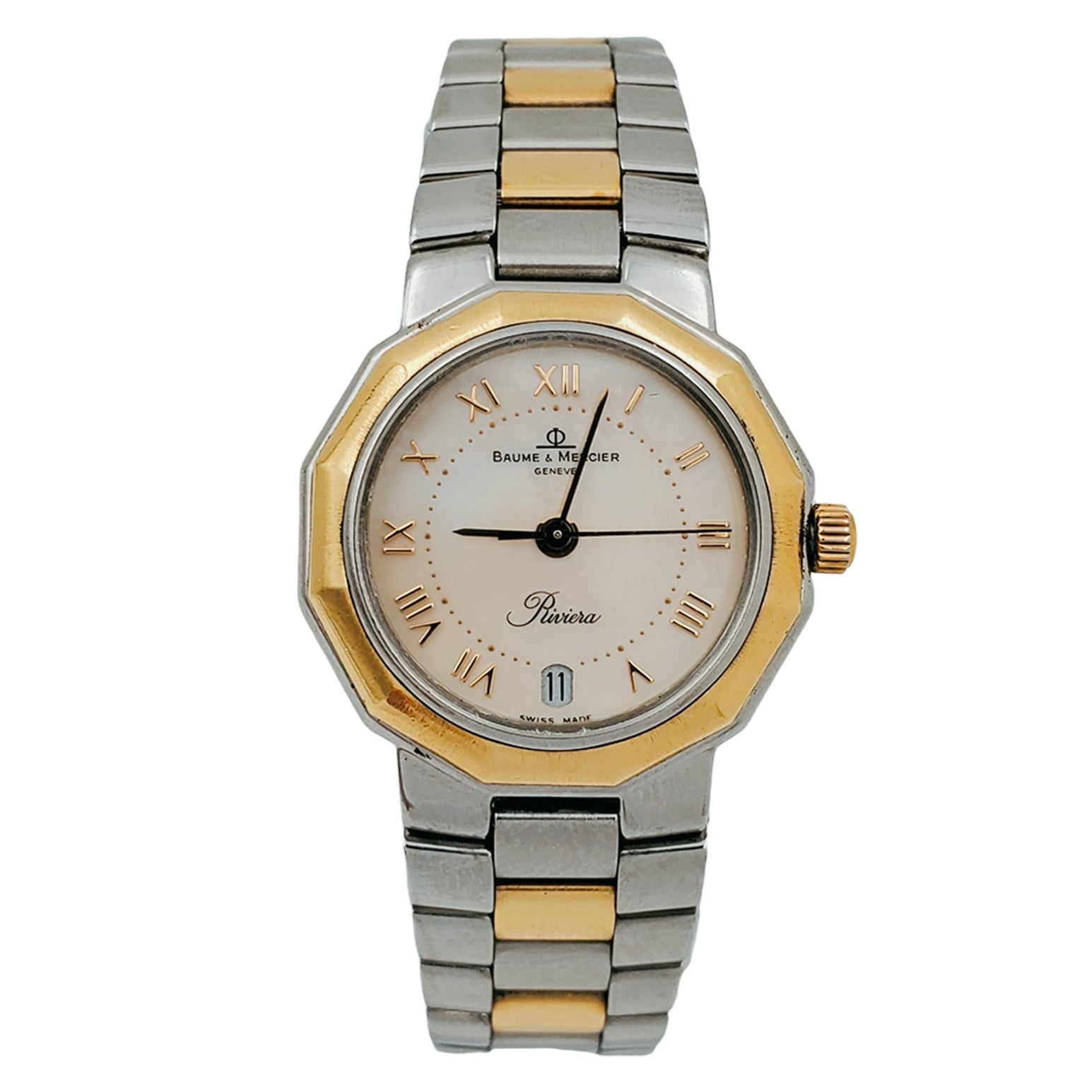 Ladies Baume & Mercier Riviera Two Tone Gold Plated and Stainless Steel Watch with Mother of Pearl Dial. (Pre-Owned)