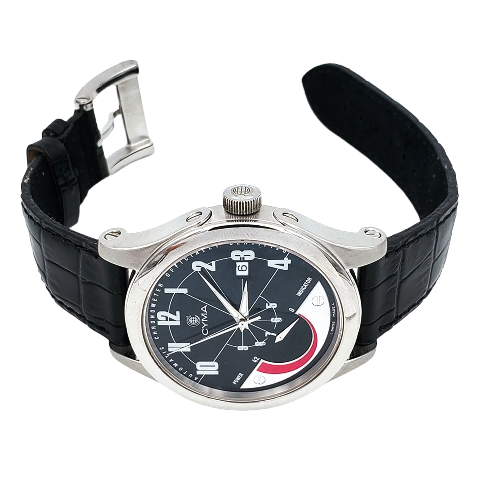 Men's CYMA Chronometer 40mm Imperium XL Stainless Steel Watch with Black Leather Band and Black Dial. (Pre-Owned)