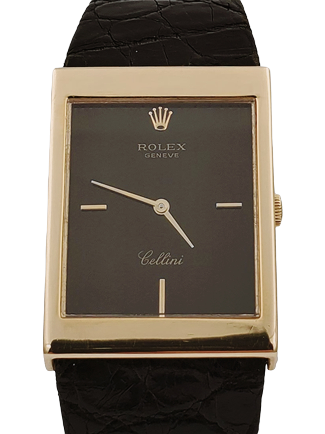 Men's Rolex Cellini Vintage 18K Yellow Gold Watch with Black Tapestry Dial and Black Leather Strap.