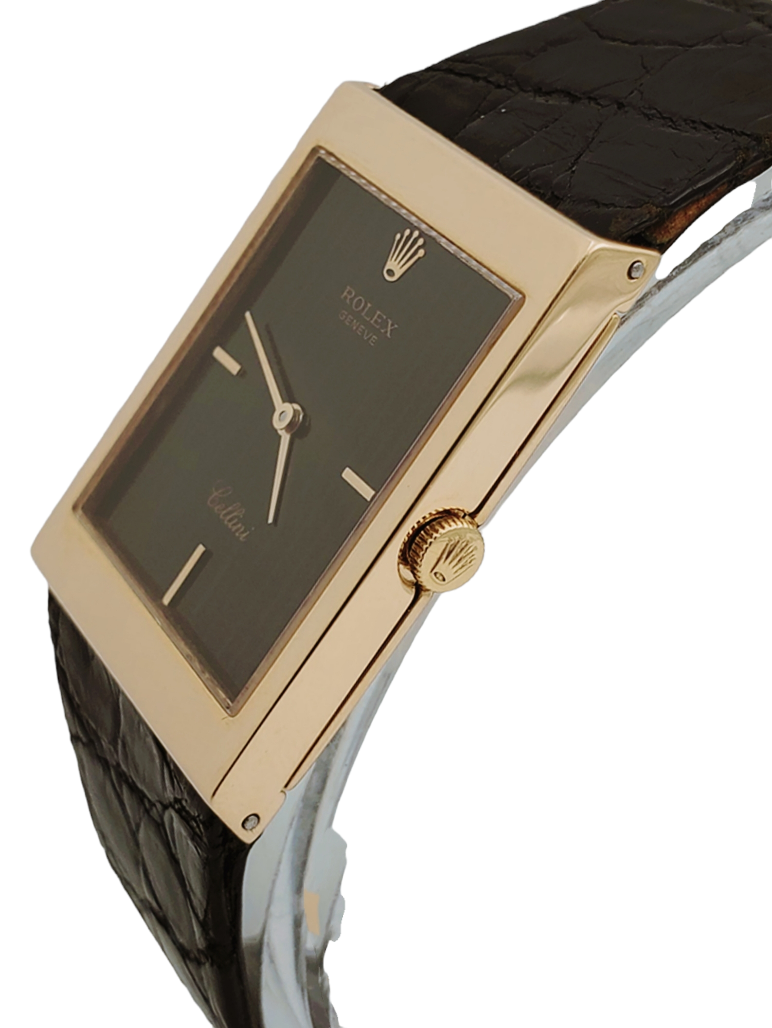 Men's Rolex Cellini Vintage 18K Yellow Gold Watch with Black Tapestry Dial and Black Leather Strap. (Pre-Owned)