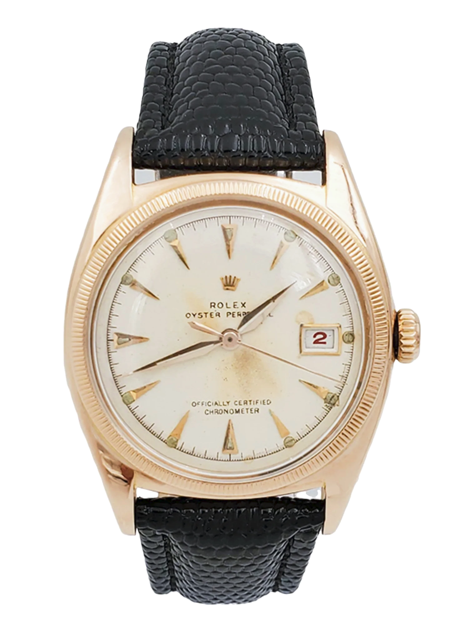 Men's Rolex 36mm Vintage 1950 Oyster Perpetual Rose Gold Watch with Cream Dial and Black Leather Strap. (Pre-Owned 6075)