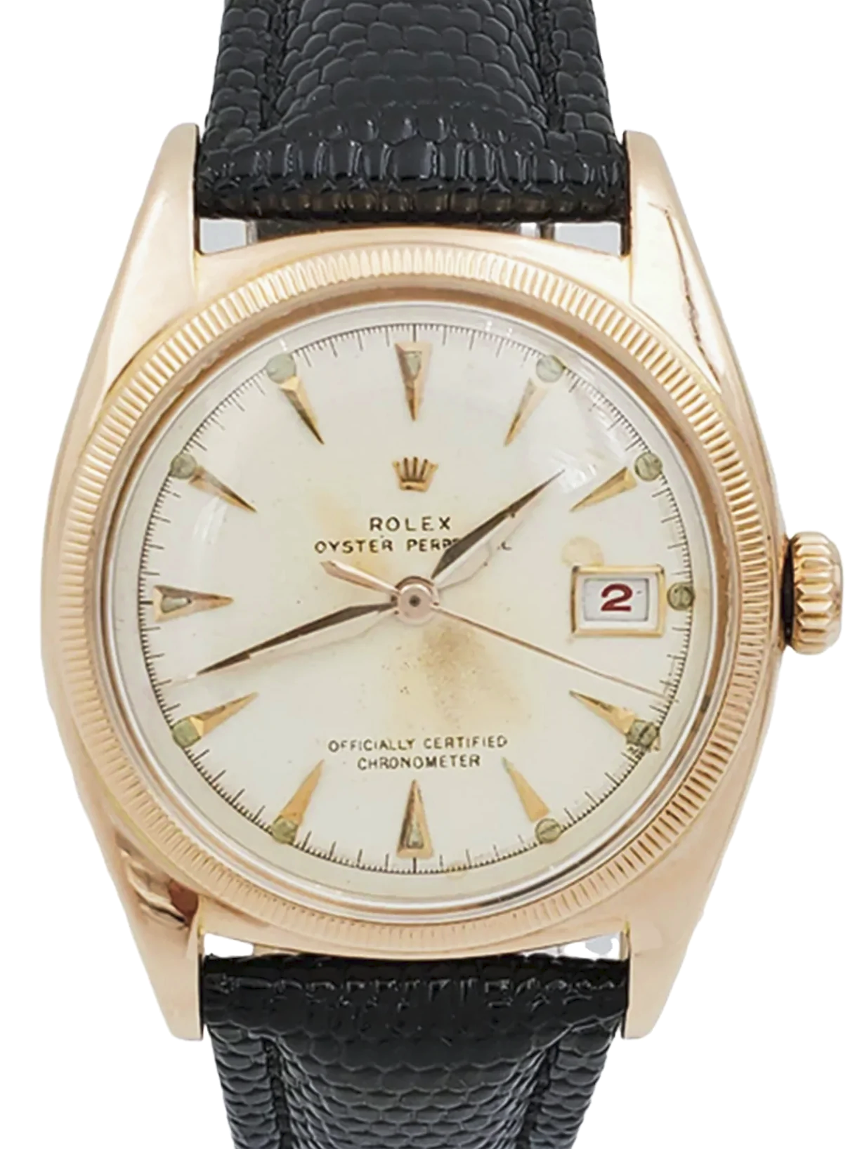 Men's Rolex 36mm Vintage 1950 Bubbleback Oyster Perpetual Rose Gold Watch with Cream Dial and Black Leather Strap. (Pre-Owned 6075)