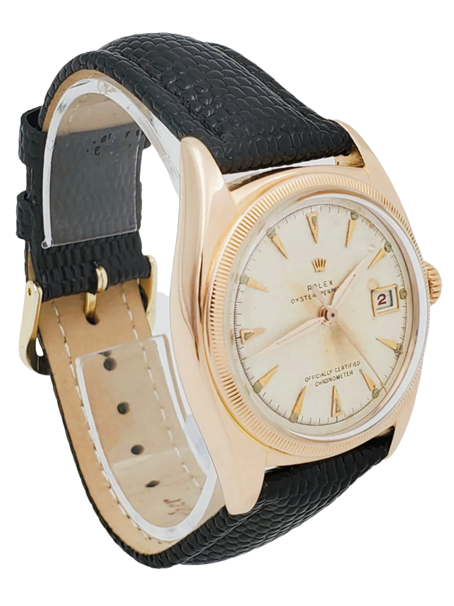 Men's Rolex 36mm Vintage 1950 Bubbleback Oyster Perpetual Rose Gold Watch with Cream Dial and Black Leather Strap. (Pre-Owned 6075)