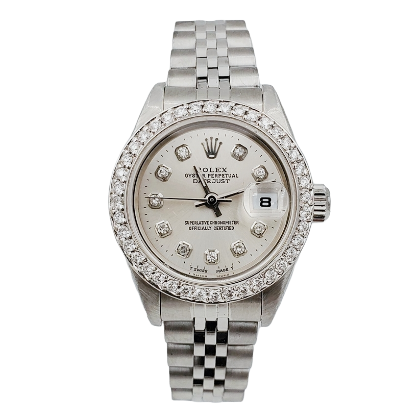 Ladies Rolex 26mm DateJust Stainless Steel Watch with Silver Diamond Dial and Diamond Bezel. (Pre-Owned 69174)