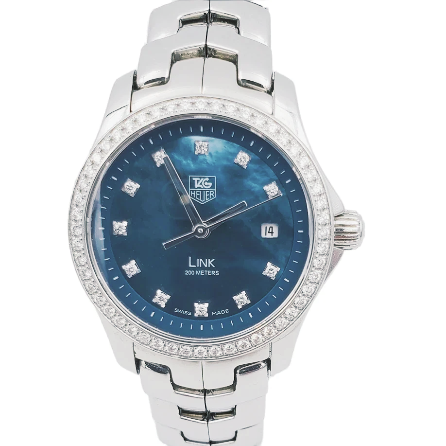 Ladies TAG Heuer Link 27mm Stainless Steel Watch with Blue Mother of Pearl Diamond Dial and Diamond Bezel. (Pre-Owned WJF131G)