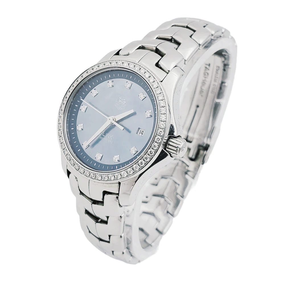 Ladies TAG Heuer Link 27mm Stainless Steel Watch with Blue Mother of Pearl Diamond Dial and Diamond Bezel. (Pre-Owned WJF131G)