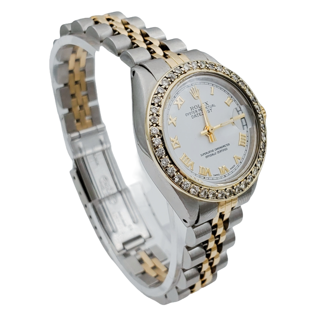 Ladies Rolex 26mm DateJust Two Tone 18K Yellow Gold / Stainless Steel Watch with White Dial and Diamond Bezel. (Pre-Owned 6917)
