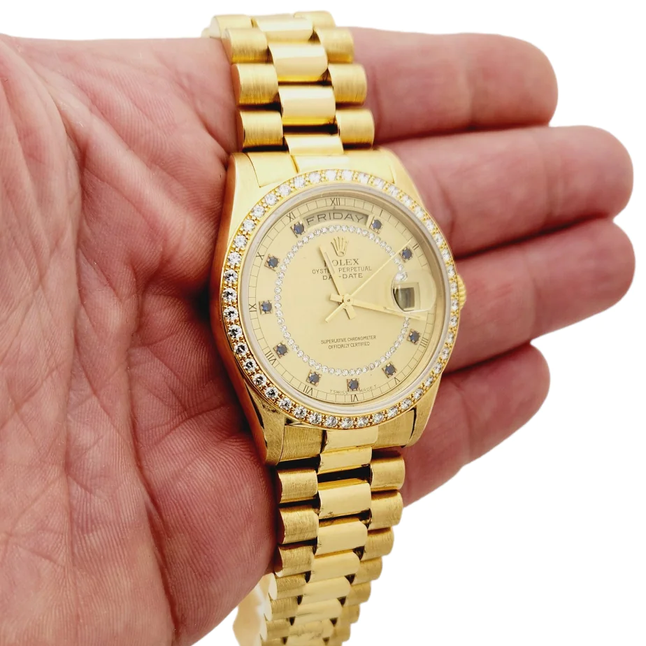 Men's Rolex 36mm Presidential 18K Yellow Gold Watch with Gold String Diamond / Blue Sapphire Dial and Diamond Bezel. (Pre-Owned 18238)