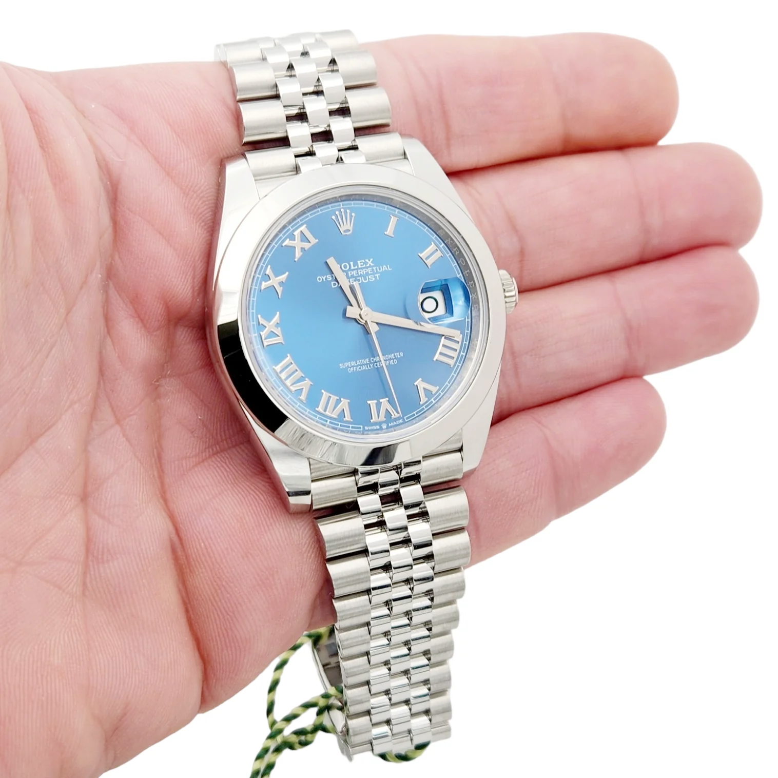 Men's Rolex 41mm DateJust Stainless Steel Watch with Roman Sky Blue Dial and Smooth Bezel. (Pre-Owned 126300)