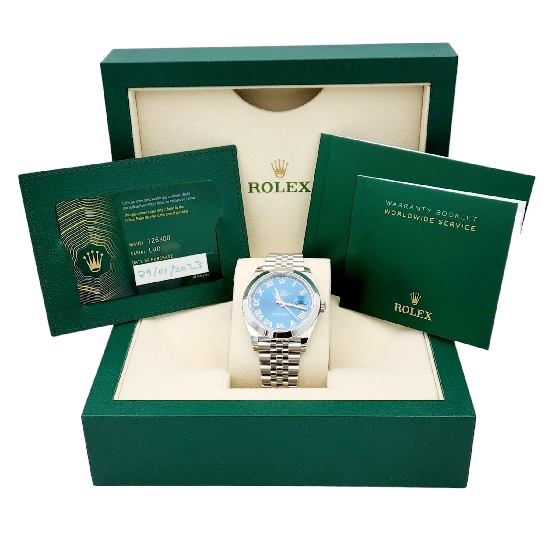 Men's Rolex 41mm DateJust Stainless Steel Watch with Roman Sky Blue Dial and Smooth Bezel. (Pre-Owned 126300)