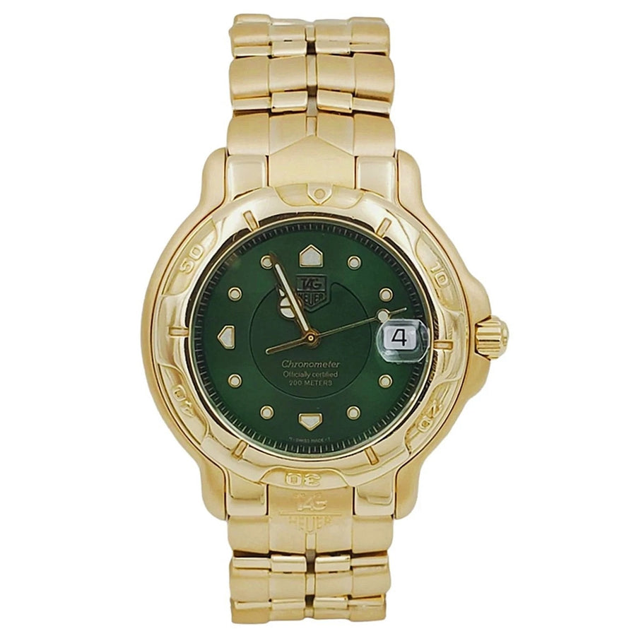 Men's TAG Heuer 38mm Chronometer Solid 18K Yellow Gold Watch with Green Dial and Smooth Bezel. (Pre-Owned WH514)