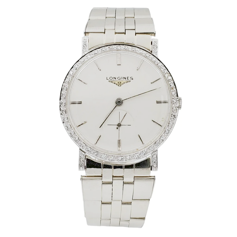 Men's Longines Vintage 32mm Watch with 14K White Gold Band, Egg Shell Dial and 18K White Gold Diamond Bezel. (Pre-Owned)