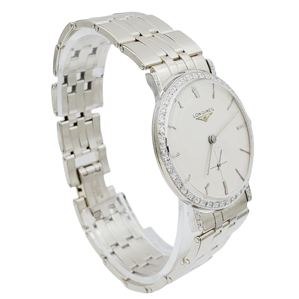 Men's Longines Vintage 32mm Watch with 14K White Gold Band, Egg Shell Dial and 18K White Gold Diamond Bezel. (Pre-Owned )