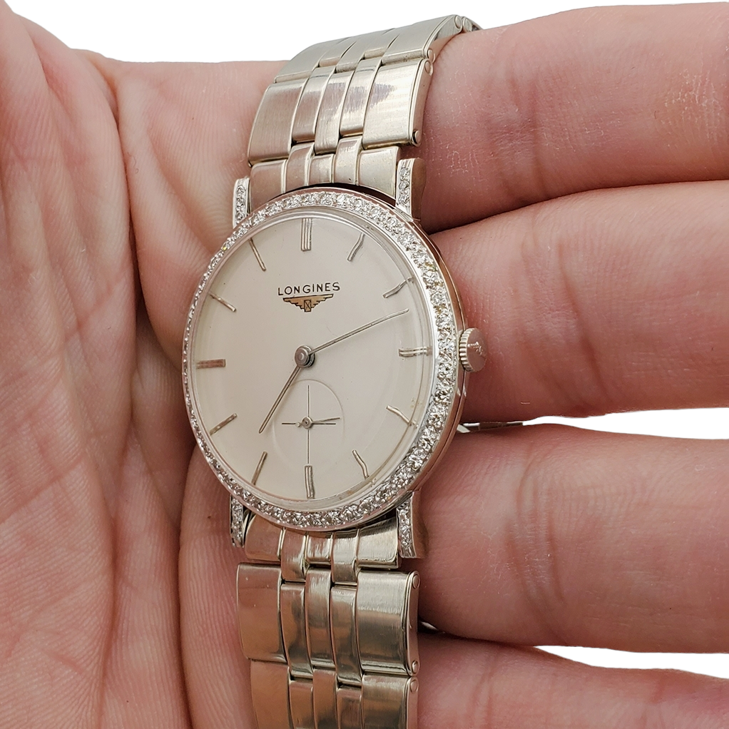 Men's Longines Vintage 32mm Watch with 14K White Gold Band, Egg Shell Dial and 18K White Gold Diamond Bezel. (Pre-Owned )