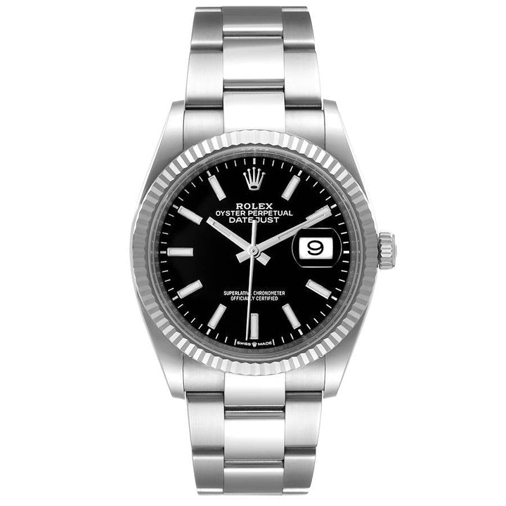 Unisex Midsize Rolex 31mm DateJust Stainless Steel Watch with Black Dial and Smooth Bezel. (Pre-Owned 17824C)