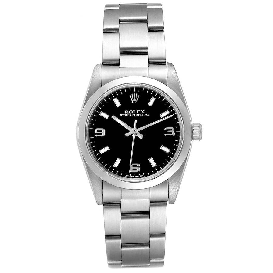 Unisex Midsize Rolex 31mm DateJust Stainless Steel Watch with Black Dial and Smooth Bezel. (Pre-Owned 67480)