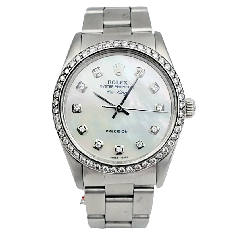 Men's Rolex Vintage 34mm Air-King Oyster Stainless Steel Watch with Mother of Pearl Diamond Dial and 18K White Gold Diamond Bezel. (Pre-Owned)