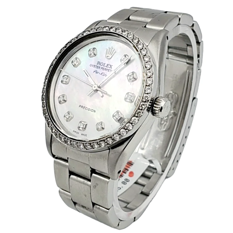 Men's Rolex Vintage 34mm Air-King Oyster Stainless Steel Watch with Mother of Pearl Diamond Dial and 18K White Gold Diamond Bezel. (Pre-Owned)