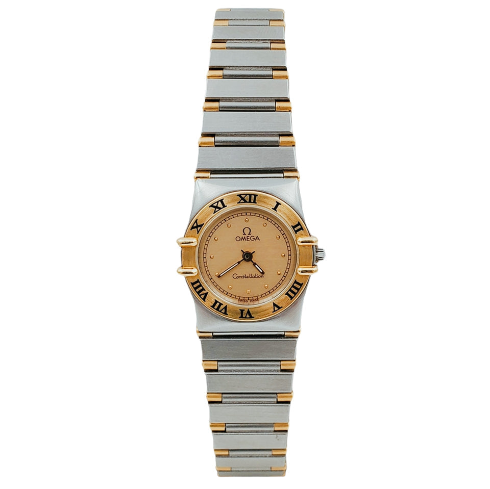 Woman's Omega Constellation 22mm Two Tone Watch with Quartz Movement and Gold Dial. (Pre-Owned)