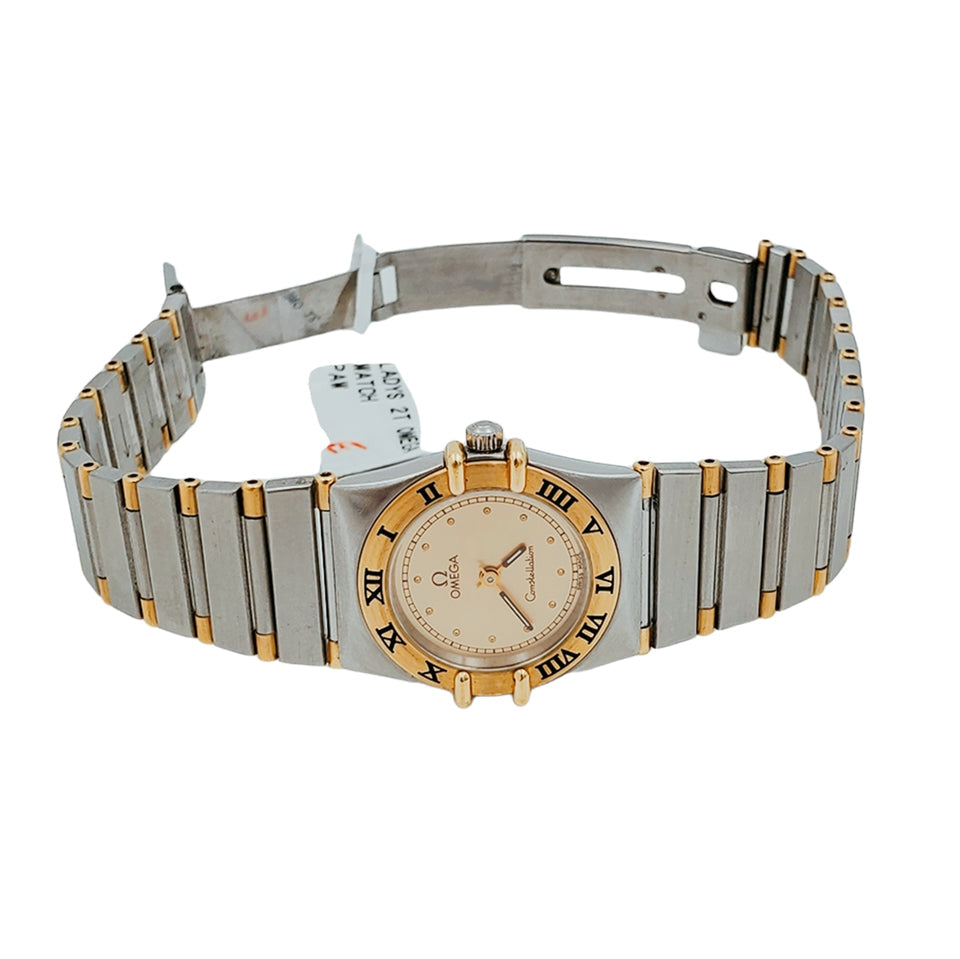 Ladies Omega Constellation 22mm Two Tone Watch with Quartz Movement and Gold Dial. (Pre-Owned)
