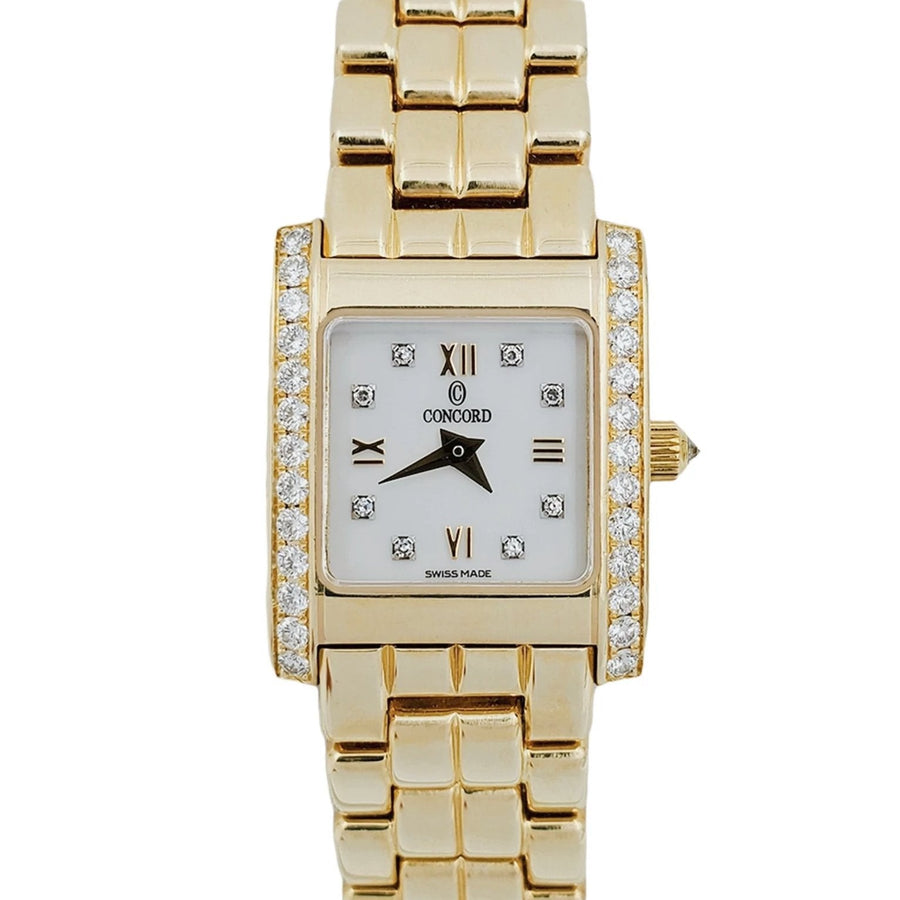 Ladies Concord La Scala Solid 14K Yellow Gold Band Watch with Diamond White Dial and Diamond Bezel. (Pre-Owned)