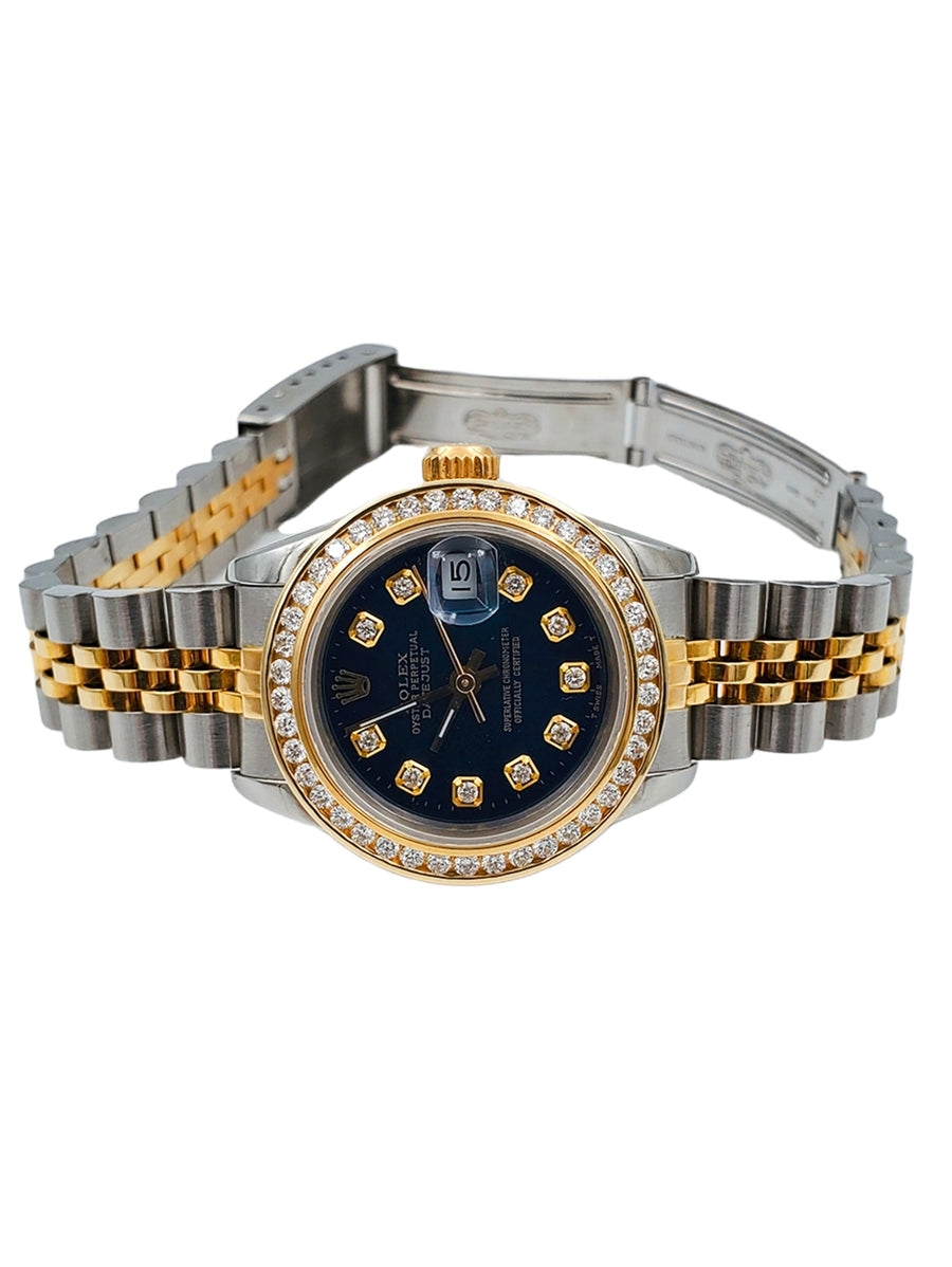 Ladies Rolex 26mm DateJust Jubilee Two Tone 18K Gold Watch with Royal Blue Diamond Dial and Diamond Bezel. (Pre-Owned)