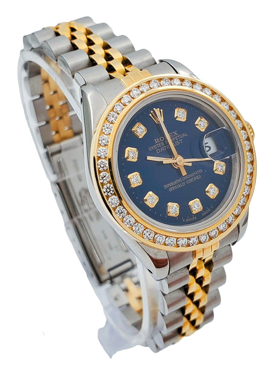 Ladies Rolex 26mm DateJust Jubilee Two Tone 18K Gold Watch with Royal Blue Diamond Dial and Diamond Bezel. (Pre-Owned)