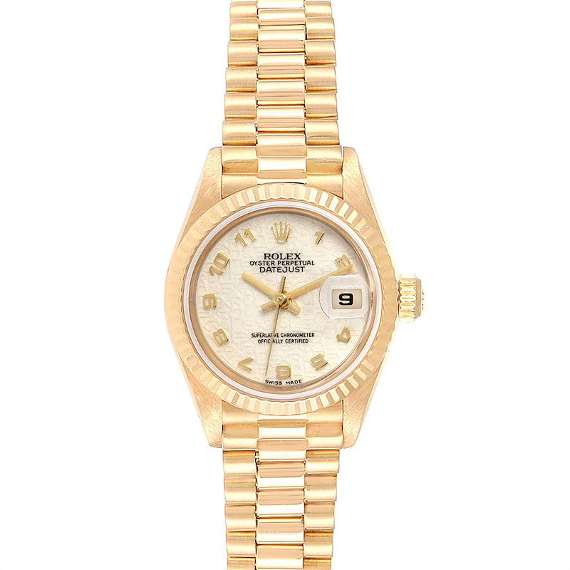 Women's Rolex 26mm Presidential 18K Yellow Gold Watch with Egg Shell White Dial and Fluted Bezel. (Pre-Owned 69178)