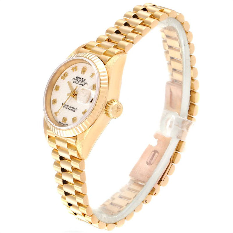 Ladies Rolex 26mm Presidential 18K Yellow Gold Watch with Egg Shell White Dial and Fluted Bezel. (Pre-Owned 69178)