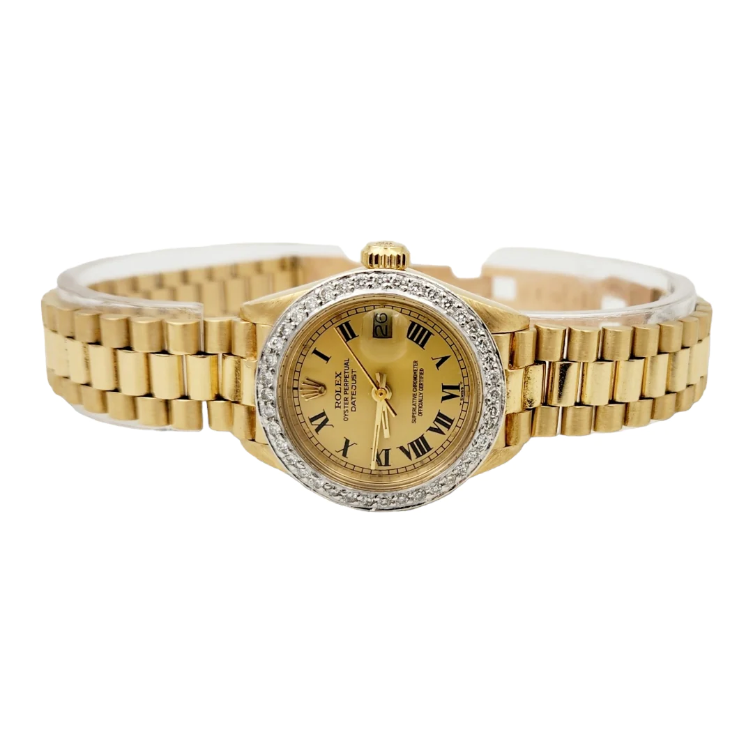 Ladies Rolex 26mm Presidential 18K Yellow Gold Watch with Gold Dial and Diamond Bezel. (Pre-Owned)