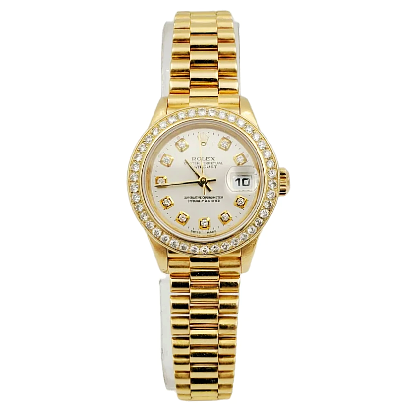 Ladies Rolex 26mm Presidential 18K Yellow Gold Watch with Mother of Pearl Diamond Dial and Diamond Bezel. (Pre-Owned)