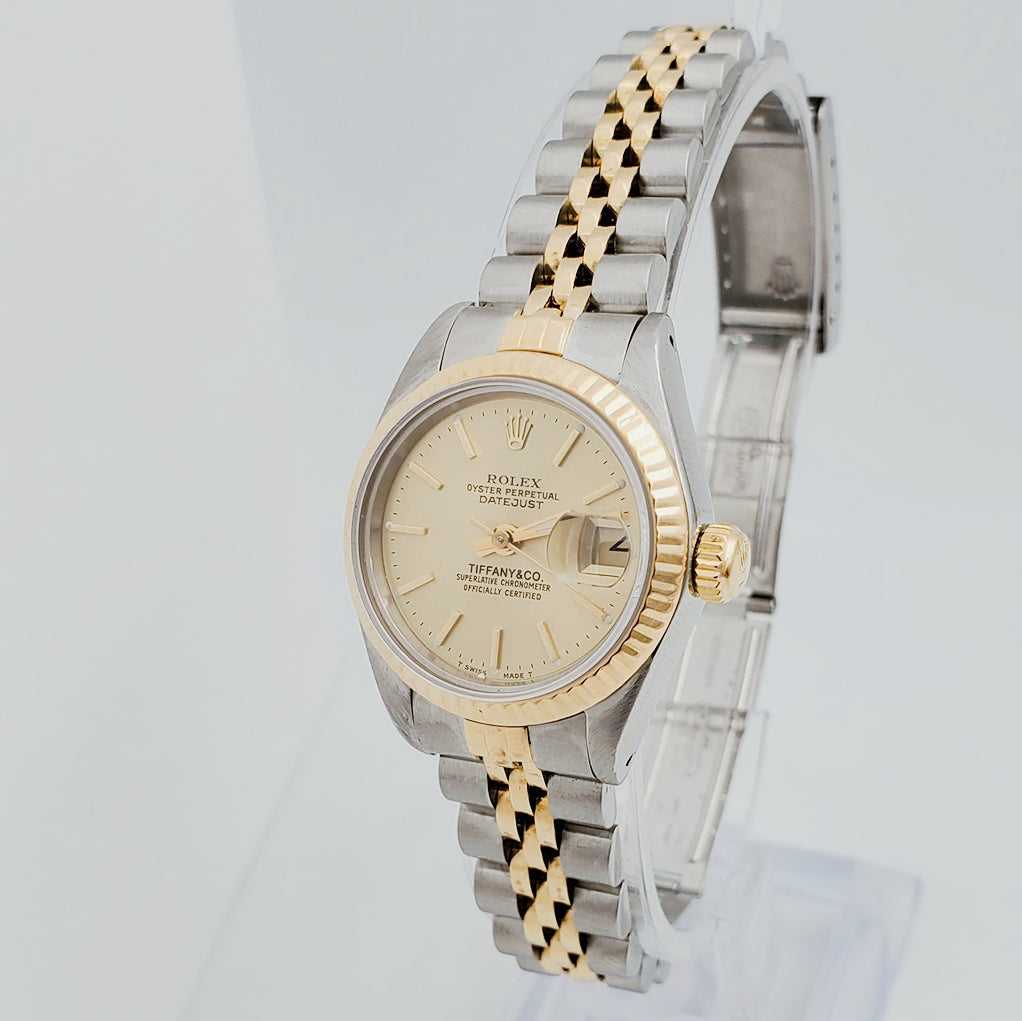 Ladies Rolex 26mm Vintage Tiffany & Co. DateJust Two Tone 18K Gold Watch with Champagne Dial and Fluted Bezel. (Pre-Owned)