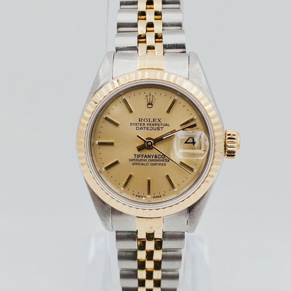 Ladies Rolex 26mm Vintage Tiffany & Co. DateJust Two Tone 18K Gold Watch with Champagne Dial and Fluted Bezel. (Pre-Owned)