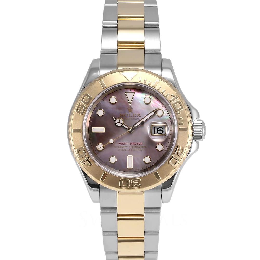 Women's Rolex 29mm Two-Tone 18K Gold Yachtmaster Watch with Black Mother of Pearl Dial and Rotatable Bezel. (Pre-Owned)
