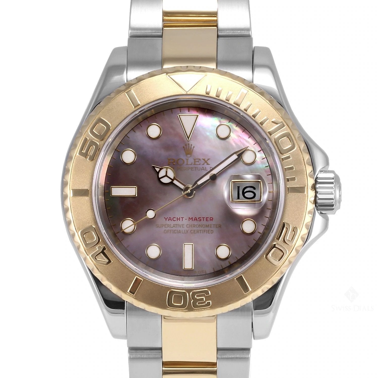 Ladies Rolex 29mm Two Tone 18K Gold Yachtmaster Watch with Black Mother of Pearl Dial and Rotatable Bezel. (Pre-Owned)