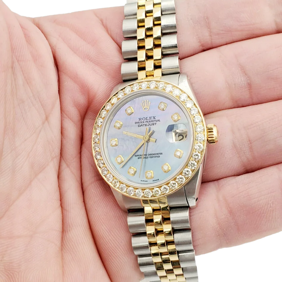 Ladies Rolex 31mm Midsize DateJust 18K Gold / Stainless Steel Two Tone Watch with Blue Mother of Pearl Diamond Dial and Diamond Bezel. (Pre-Owned 6827)