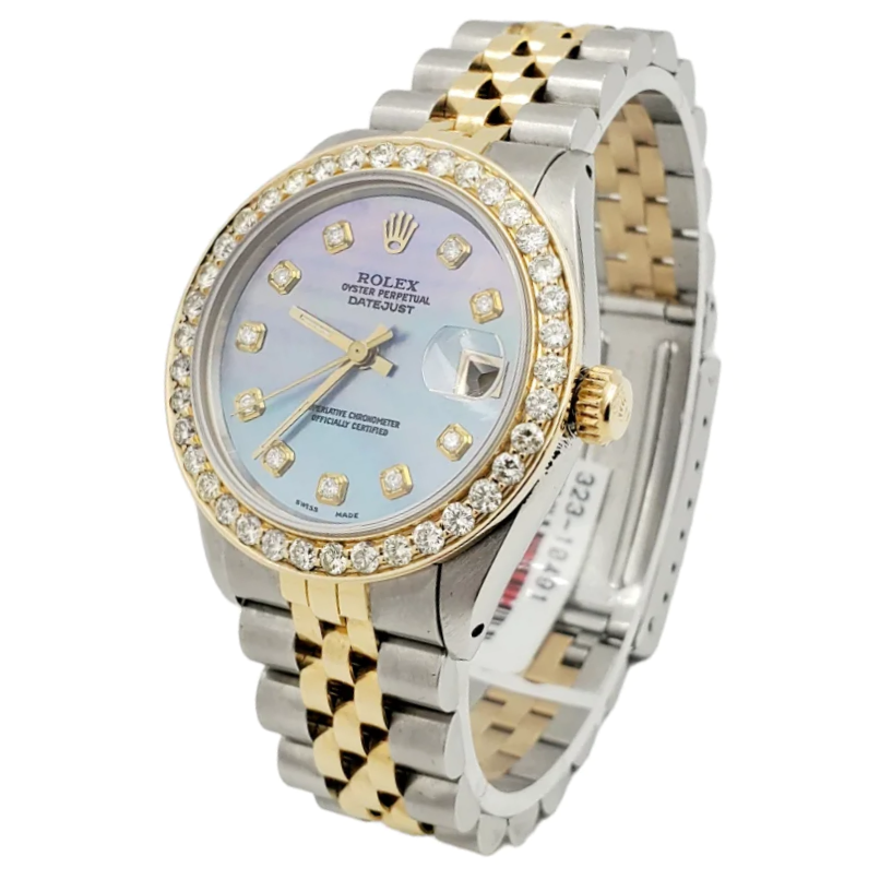 Ladies Rolex 31mm Midsize DateJust 18K Gold / Stainless Steel Two Tone Watch with Blue Mother of Pearl Diamond Dial and Diamond Bezel. (Pre-Owned 6827)