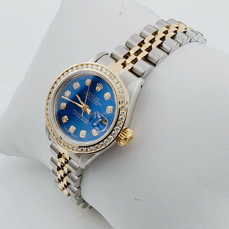 Women's Rolex DateJust 18K Gold 26mm Two-Tone Watch with Blue Diamond Dial and Custom Diamond Bezel. (Pre-Owned)