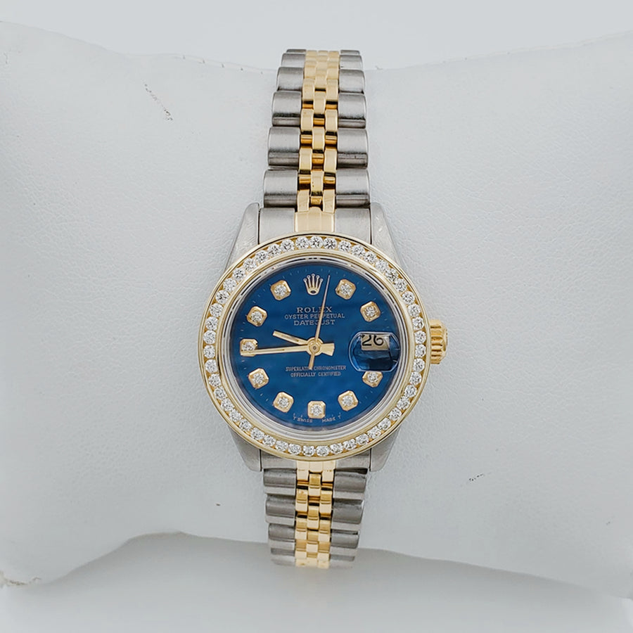 Ladies Rolex 26mm DateJust Two Tone 18K Yellow Gold Watch with Blue Diamond Dial and Custom Diamond Bezel. (Pre-Owned)